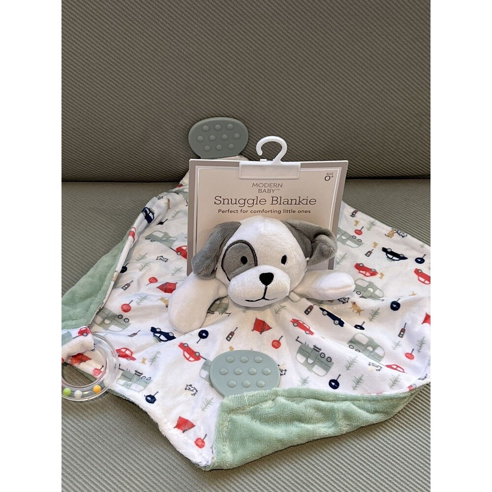 NEW Modern Baby Snuggle Blankie Green Lovey Puppy Dog Camping Rattle Teether